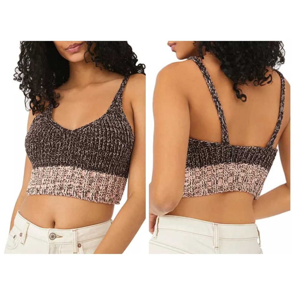Free People Here All Day Brami Knit Cropped V-Neck Brown Tank Top‎ Size S